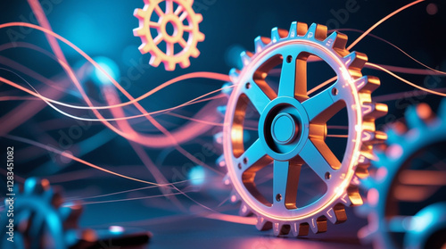 Interconnected Cogs and Gears Mechanical System with Neon Energy Flow