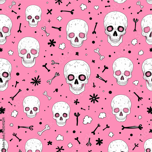 A repeating pattern of white skulls with pink eyes and black bones against a pink background.