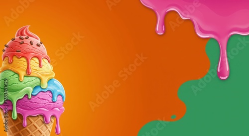 Colorful ice cream cone with dripping paint on orange and green background