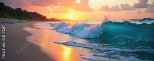 Warm sunlight fades into soft blue ocean wave on sandy beach at dusk , waves, sky