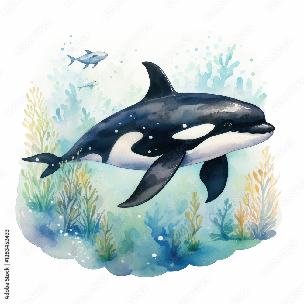 Obraz premium beautiful watercolor illustration of whale swimming gracefully among colorful underwater plants and smaller fish, evoking sense of tranquility and