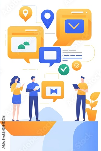 Wallpaper Mural Engaging digital conversation among three characters in a colorful modern workspace Torontodigital.ca