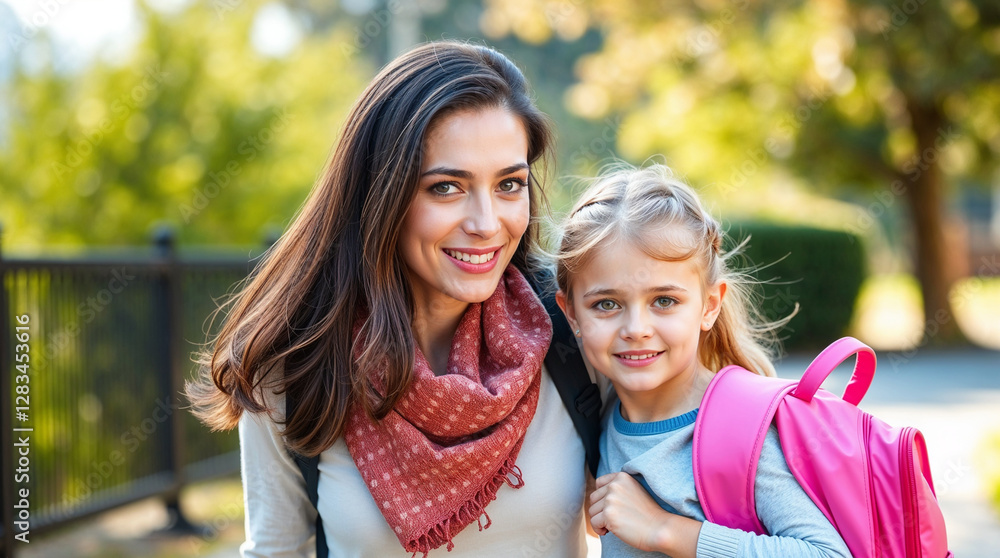 first day at school, mother leads a little child school girl in first grade first day at school, mother leads a little child school girl in first grade