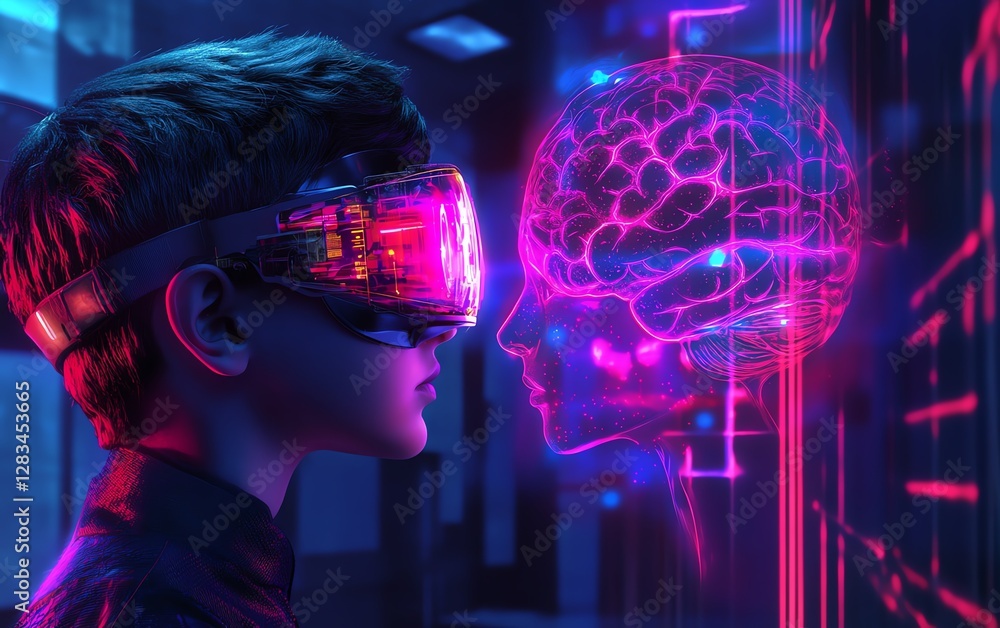 A futuristic concept art of a boy in hightech VR goggles, interacting with a neon AI brain hologram, scifi HUD interface, ultrarealistic, digital cyber world, AIgenerated A futuristic concept art of a boy in hightech VR goggles, interacting with a neon AI brain hologram, scifi HUD interface, ultrarealistic, digital cyber world, AIgenerated