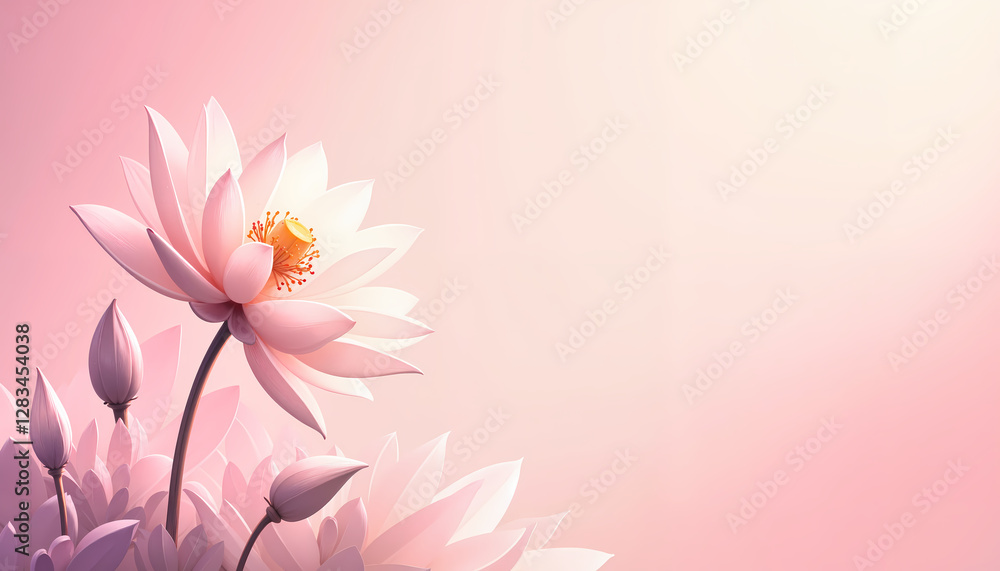 Obraz premium Pink lotus flower blooming against a soft pastel background, creating a serene and spiritual floral composition ideal for relaxation, meditation, and harmony themes.