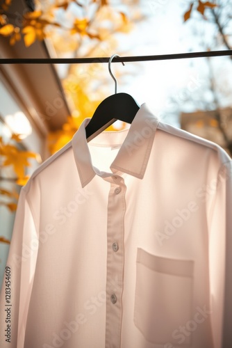 Button-down shirt in soft lighting. The autumn leaves in the background make the scene cozier. photo