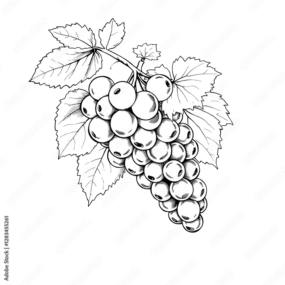 Fototapeta premium Elegant Hand-Drawn Sketch of a Bunch of Grapes with Intricately Detailed Leaves – Vintage Botanical Illustration