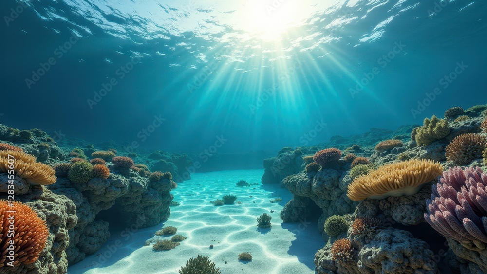 Fototapeta premium Sunlit underwater view of a sloping coral reef affected by bleaching with damaged coral colonies 