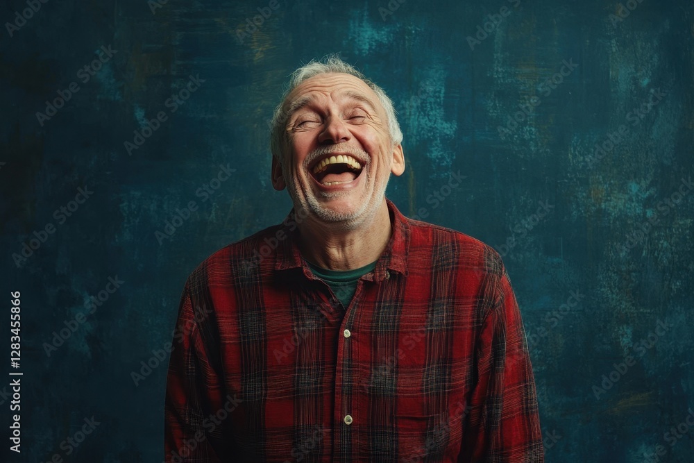 Senior man joyfully laughing in front of a textured blue background during a relaxed moment Senior man joyfully laughing in front of a textured blue background during a relaxed moment