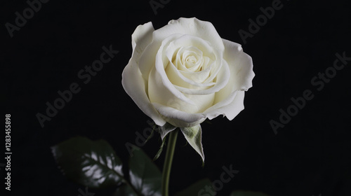 Close-up of a single white rose on a black background, symbolizing mourning and remembrance, slightly wilted to emphasize the somber theme.