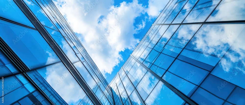Modern office skyscrapers reflecting clouds in blue sky showcasing urban architecture and business environment with glass facades and city skyline perspective. Modern office skyscrapers reflecting clouds in blue sky showcasing urban architecture and business environment with glass facades and city skyline perspective.