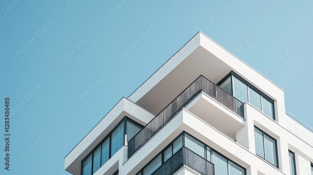 Modern residential building architecture with large windows and balcony against clear blue sky. Urban living design and contemporary real estate concept.