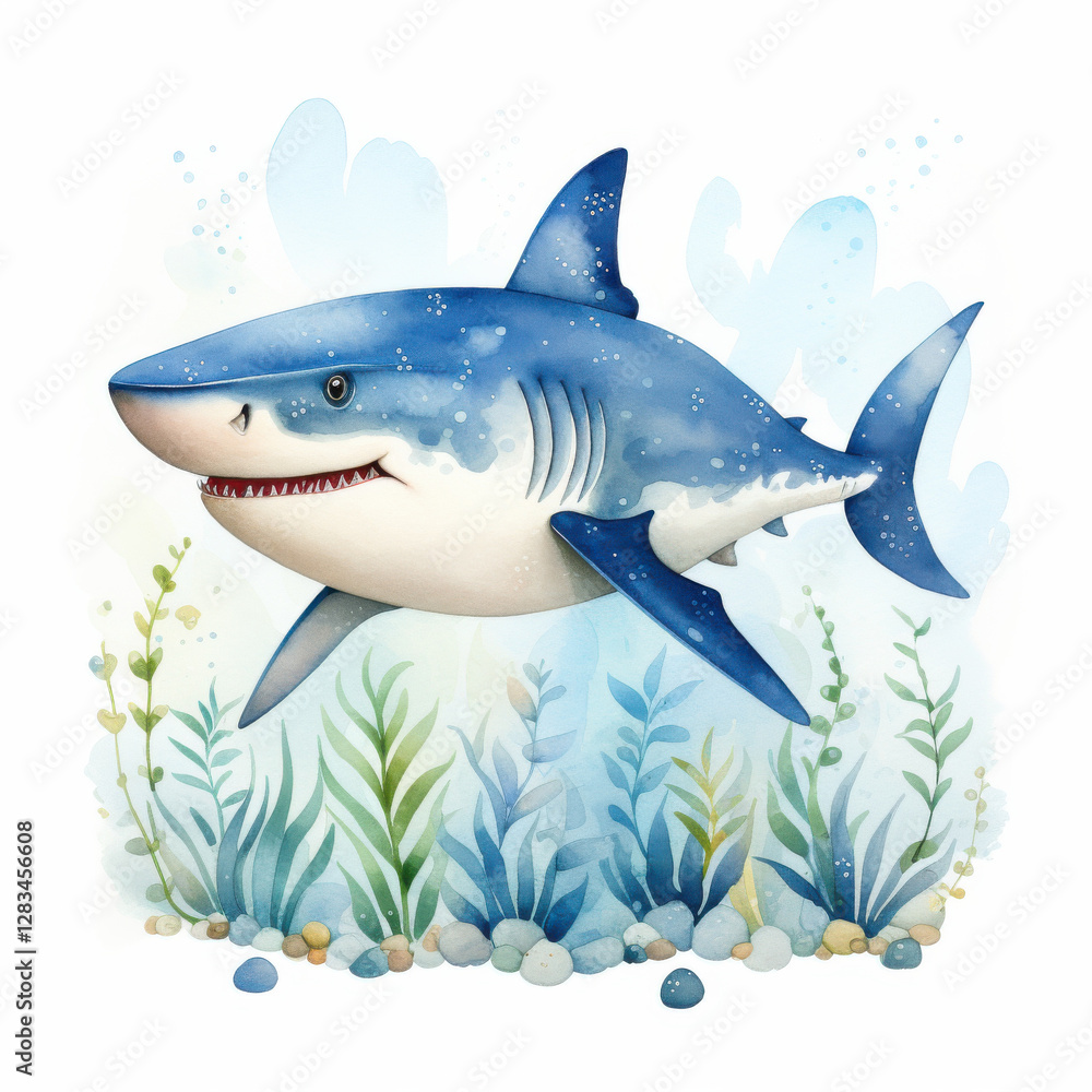 Obraz premium colorful cartoon shark swimming among aquatic plants and rocks, evoking playful underwater scene