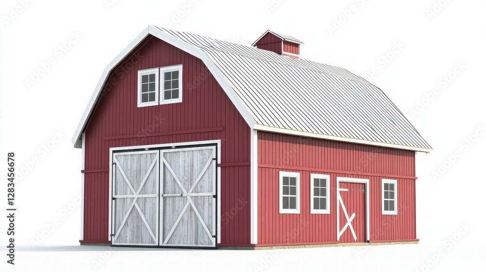 Rustic Farmhouse Charm: A classic red barn with a white roof stands, evoking feelings of rural life and enduring craftsmanship. The image features weathered wooden doors. Rustic Farmhouse Charm: A classic red barn with a white roof stands, evoking feelings of rural life and enduring craftsmanship. The image features weathered wooden doors.