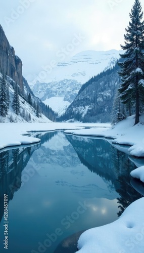 Wallpaper Mural Icy pond reflected in the mirror-like surface of a frozen lake, stillness, frozen world, icy landscape Torontodigital.ca