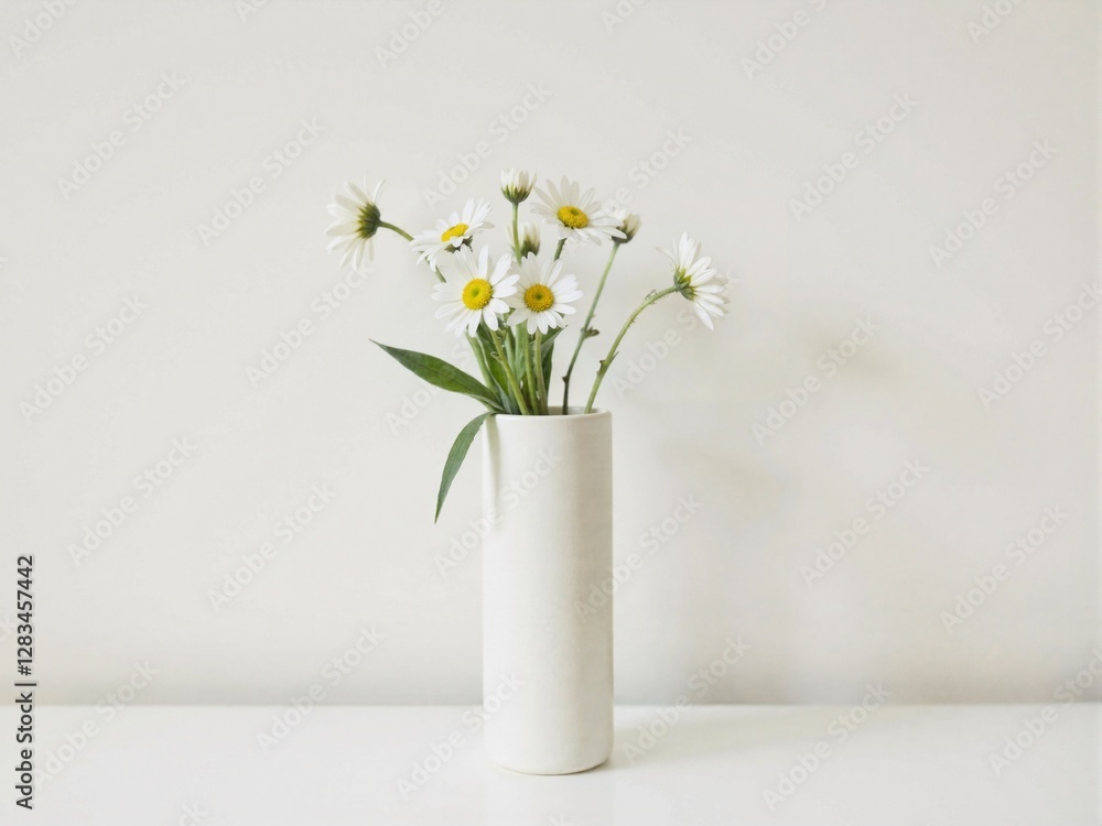 Delicate Daisies in White Vase on Clean Table Delicate Daisies in White Vase on Clean Table