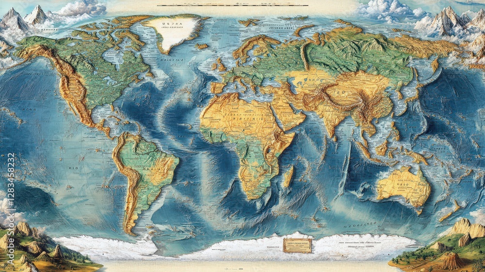 A world map with a focus on geographical features such as mountains, rivers, and deserts.