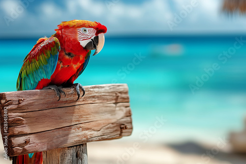 Vibrant parrot macaw perched on wooden sign at paradise tropical island beach shore with exotic palm trees and turquoise sea water