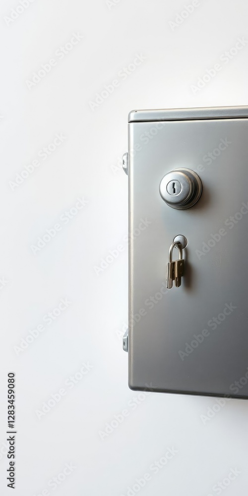 A close-up shot of a metal key box with a combination lock mounted on a white wall, apartment, secure A close-up shot of a metal key box with a combination lock mounted on a white wall, apartment, secure