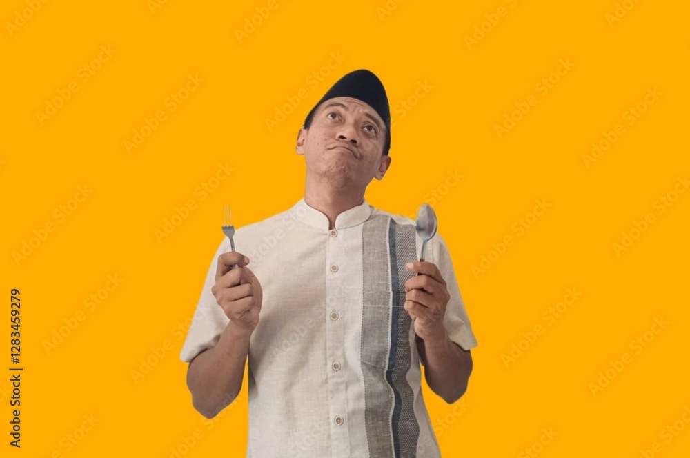 Eager Young Asian Muslim Man Holding Fork and Spoon for Sahur or Iftar During Ramadan Isolated from Background orange Eager Young Asian Muslim Man Holding Fork and Spoon for Sahur or Iftar During Ramadan Isolated from Background orange
