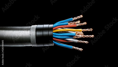 Electric wire cable structure. Armored submarinу aluminum elctric cable on black background