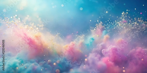 Soft focus shot of pastel-colored powder particles drifting gently through the sky, creating a dreamy and ethereal scene