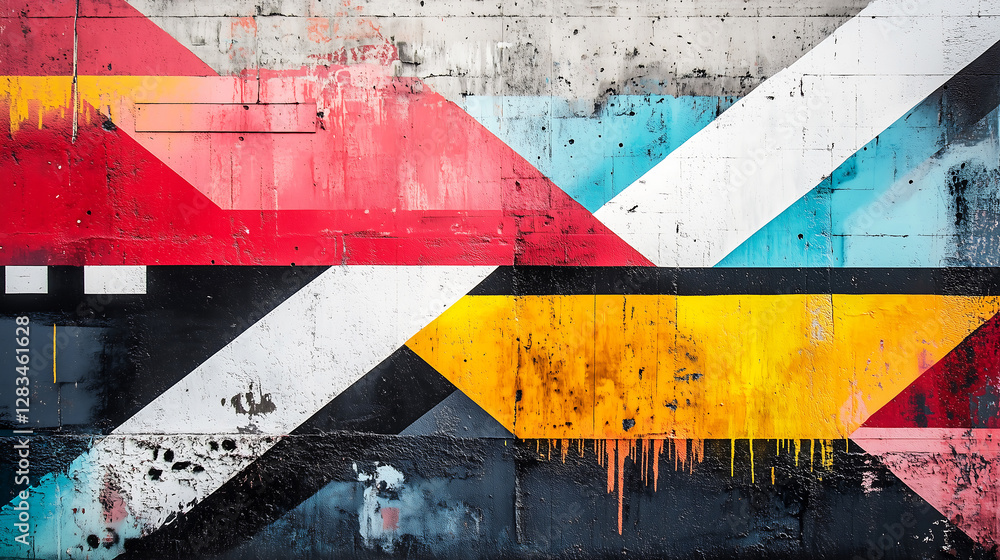 Fototapeta premium Abstract Geometric Street Art Mural with Bold Colors – Perfect for Urban Design and Creative Backgrounds, street photography, urban design projects, contemporary art displays, social media aesthetics,
