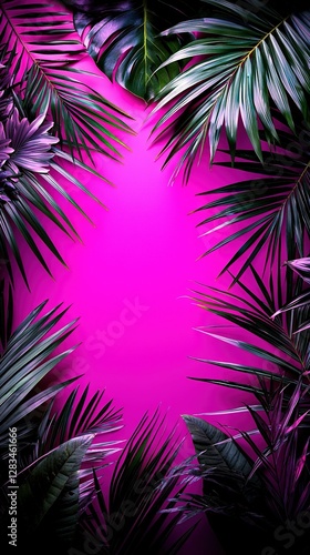  Pink background with palm leaves in the foreground and a pink center at the focal point