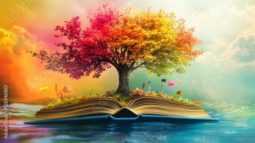 Magic unfolds as colorful tree emerges from an open book beside calm water