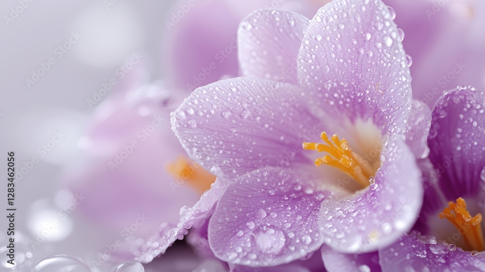 Fototapeta premium Close-up Dew-Covered Crocus Flowers, Spring, Nature