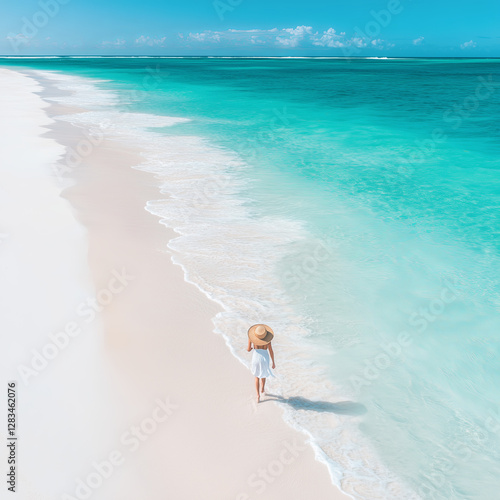 Woman in dress and straw hat walks along a beautiful, white sand beach Punta Cana, Dominican Republic. Island beach landscape, perfect tropical paradise for summer holiday.