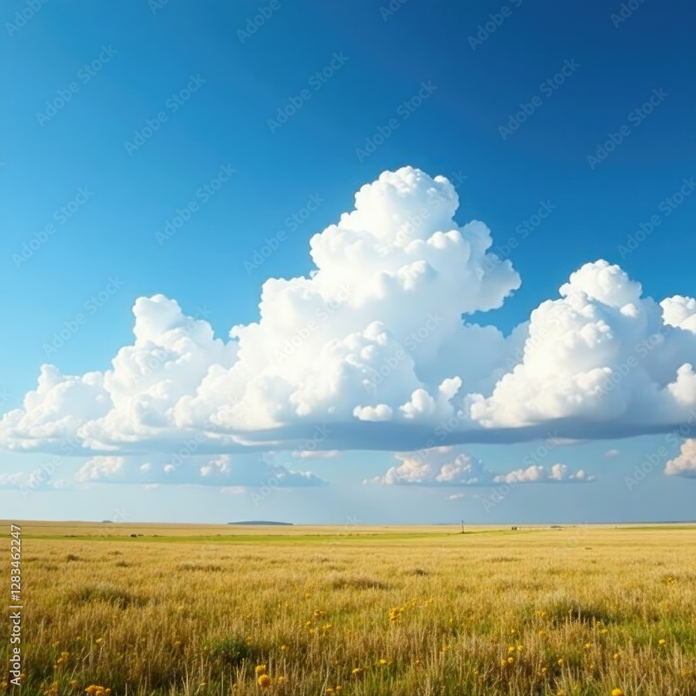 Panoramic clouds stretch out across a vast open plain, plain, serene Panoramic clouds stretch out across a vast open plain, plain, serene