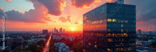 Multinational corporation offices building at sunset, office, skyscraper