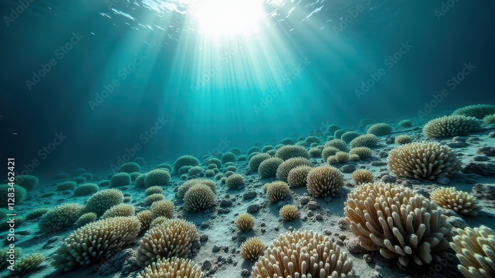 Naklejka premium Sunlit underwater view of a coral reef affected by bleaching with damaged corals on the ocean floor
