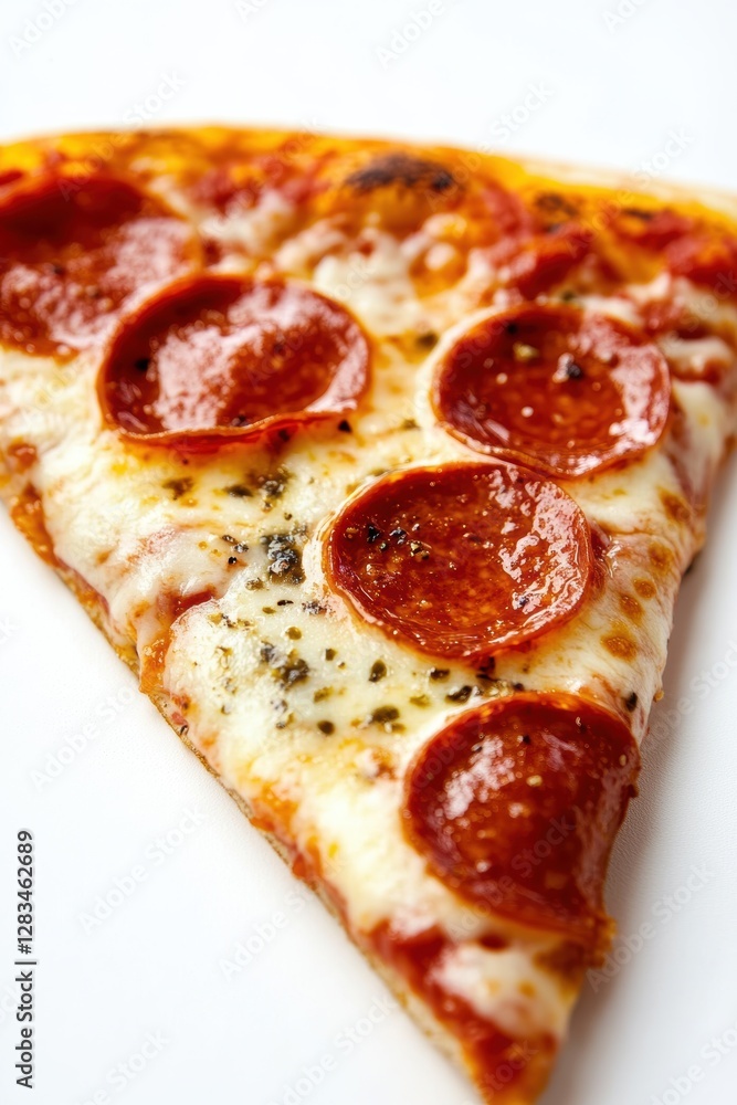Pepperoni pizza slice topping with cheese and herbs on white background delicious fast food favorite snack slice restaurant treat craving indulgence. Pepperoni pizza slice topping with cheese and herbs on white background delicious fast food favorite snack slice restaurant treat craving indulgence.