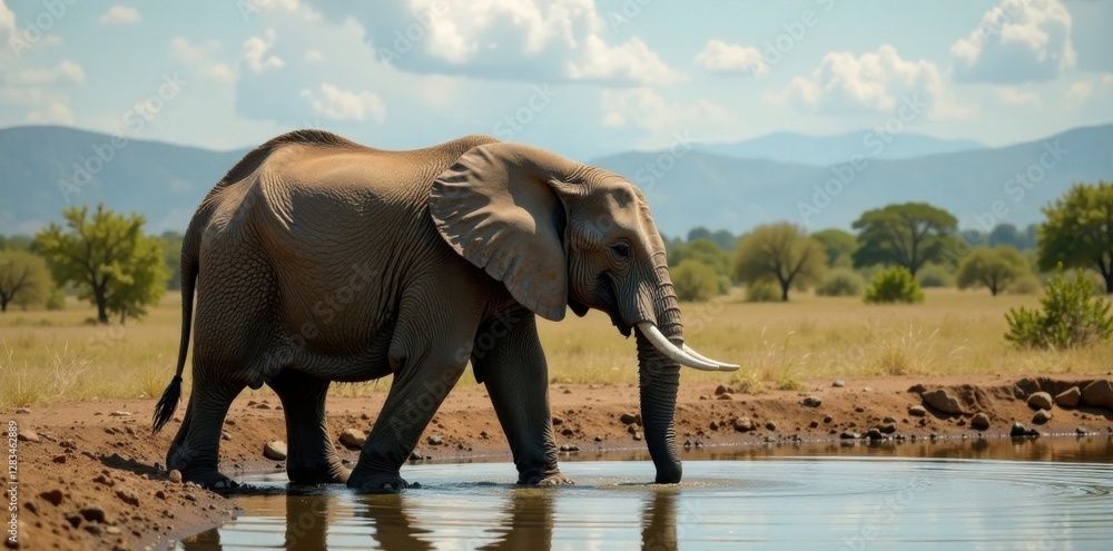 Fototapeta premium Elephant drinking from watering hole, wildlife, zoo, watercolor