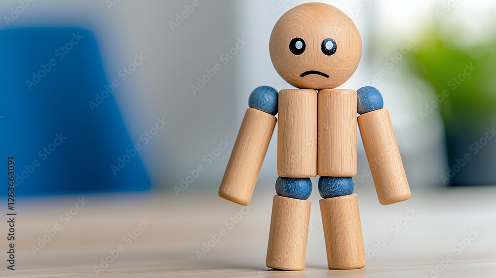 Wooden Figurine with Sad Expression on a Table in a Bright Room with Green Plants Wooden Figurine with Sad Expression on a Table in a Bright Room with Green Plants
