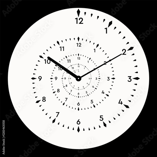 Template black and white clock face. Spiral as timeline, impossible optical illusion.