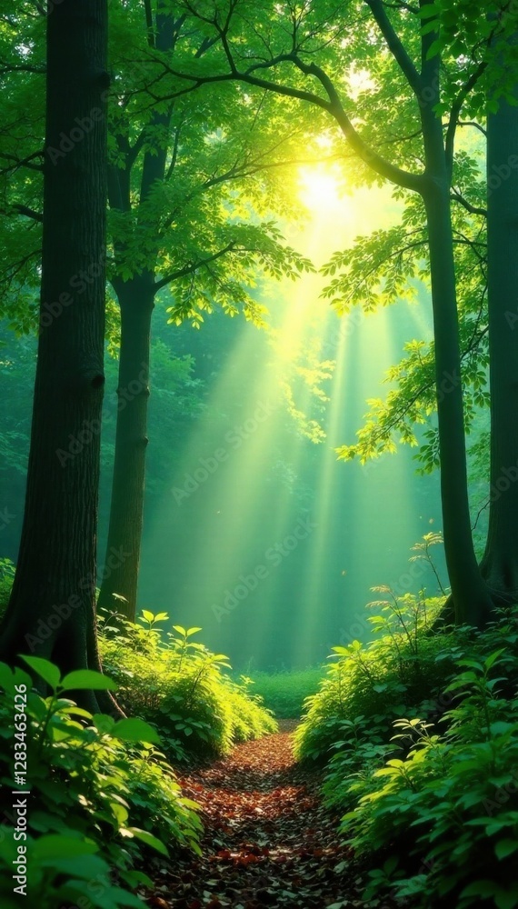 Obraz premium Radiant sunlight illuminates the emerald canopy above, creating an ethereal atmosphere in the tranquil forest clearing, canopy, clearings