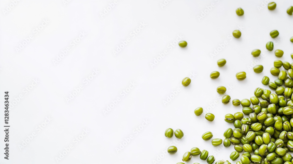 Green mung beans scattered on a white surface creating an artistic arrangement in a minimalistic style Green mung beans scattered on a white surface creating an artistic arrangement in a minimalistic style