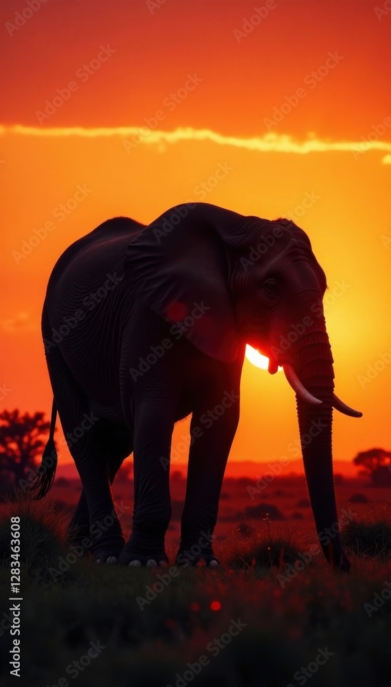 Fototapeta premium Elephant silhouette in the savannah at sunset , silhouettes, sunsets, animals
