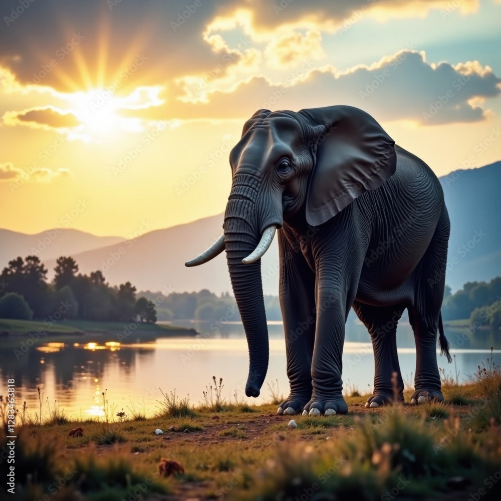 Fototapeta premium Elephant standing near lake, wildlife, lake, water