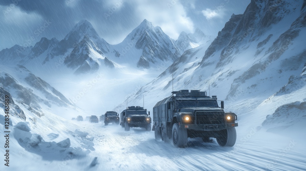 A convoy of armored vehicles driving through a snowy mountain pass A convoy of armored vehicles driving through a snowy mountain pass