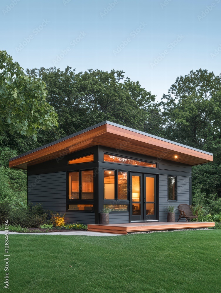 Modern Cabin Hideaway: A sleek, modern cabin, with expansive glass windows, sits nestled amongst a verdant green backdrop, offering a perfect blend of contemporary design and natural serenity. Modern Cabin Hideaway: A sleek, modern cabin, with expansive glass windows, sits nestled amongst a verdant green backdrop, offering a perfect blend of contemporary design and natural serenity.