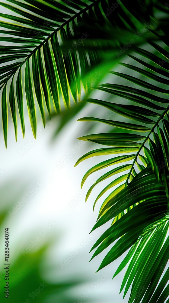 Fototapeta premium A sharp focus on palm tree leaves with a soft sky backdrop