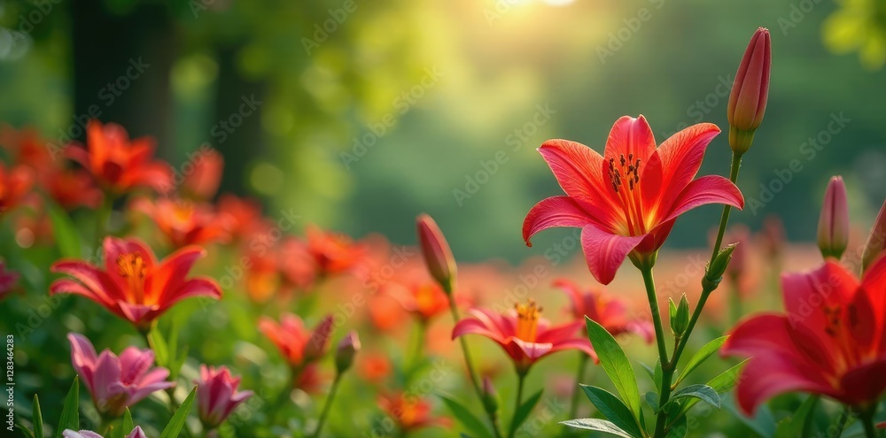 Fototapeta premium Red lily flowers bloom amidst a tapestry of colorful summer blooms, landscape, foliage