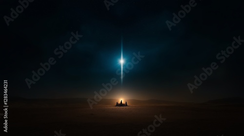 A bright star in a calm night sky with a small Bethlehem scene below