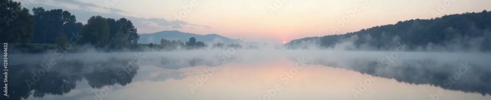 Silvery mist rising from a serene gray lake at dawn, abstract, lake Silvery mist rising from a serene gray lake at dawn, abstract, lake