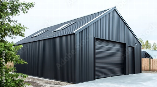 Wallpaper Mural Modern Black Garage: A sleek, contemporary black garage with a corrugated metal exterior, and modern design under a cloudy sky. Torontodigital.ca
