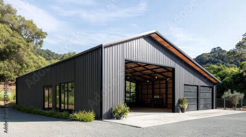 Wallpaper Mural Modern Industrial Barn: A sleek, modern industrial-style barn, with its dark gray corrugated metal siding and open design, stands against a backdrop of a blue sky Torontodigital.ca